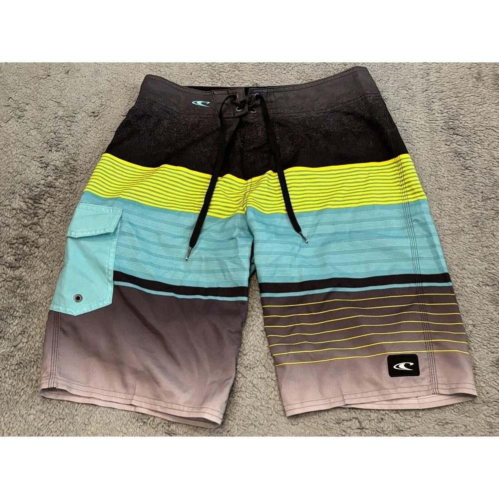 O'Neill Mens Board Shorts 30 Gray Striped Swim Trunks Surf Beach Active